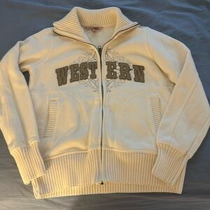 Western off-white / ecru zip up collared sweatshirt.